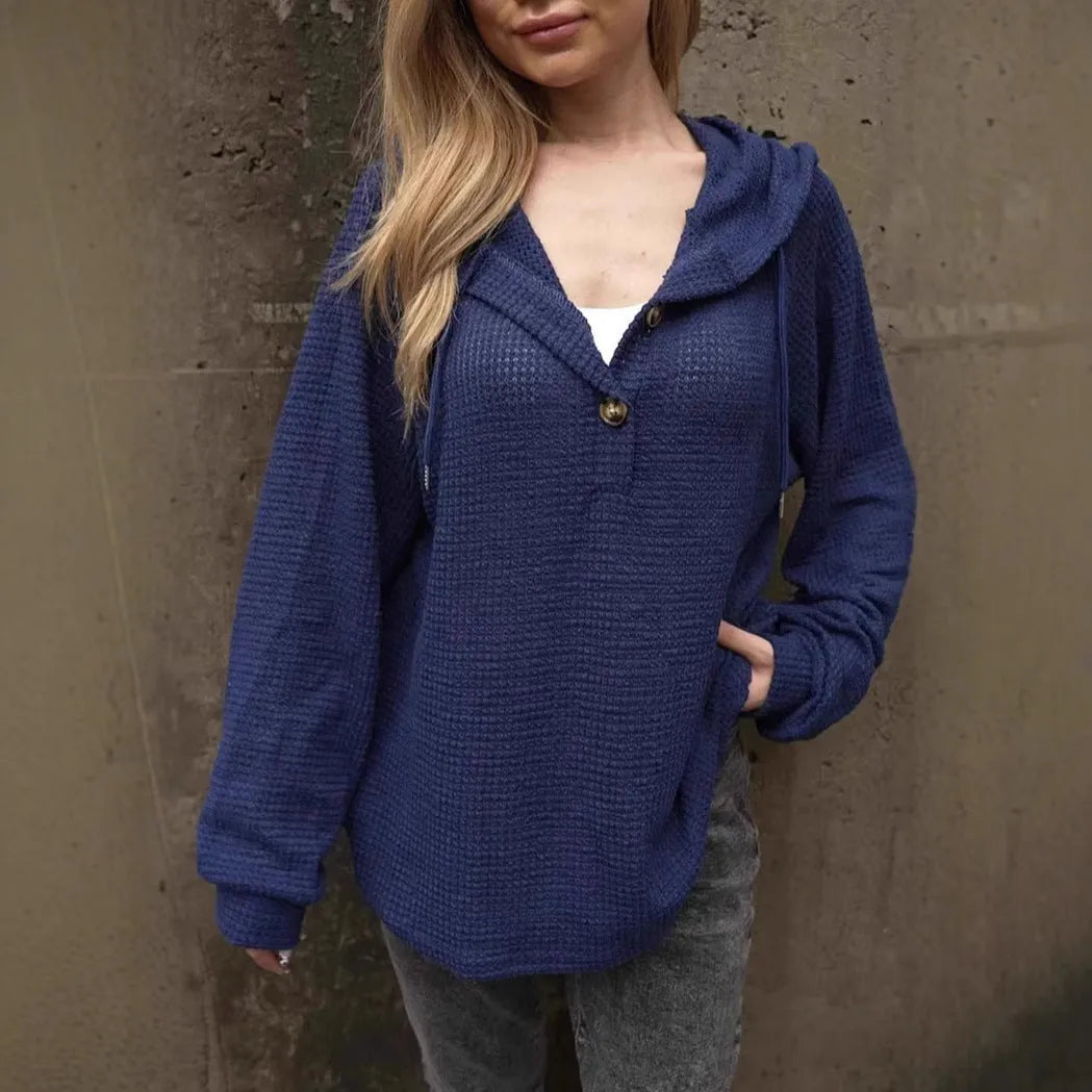 Solid colour women's button front hoodie with drawstrings and V-neck, polyester fabric, dark blue