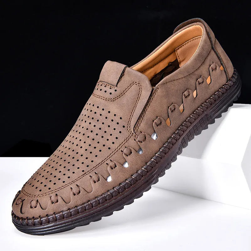 Men's brown casual slip-on shoes with round toe and flat heel design