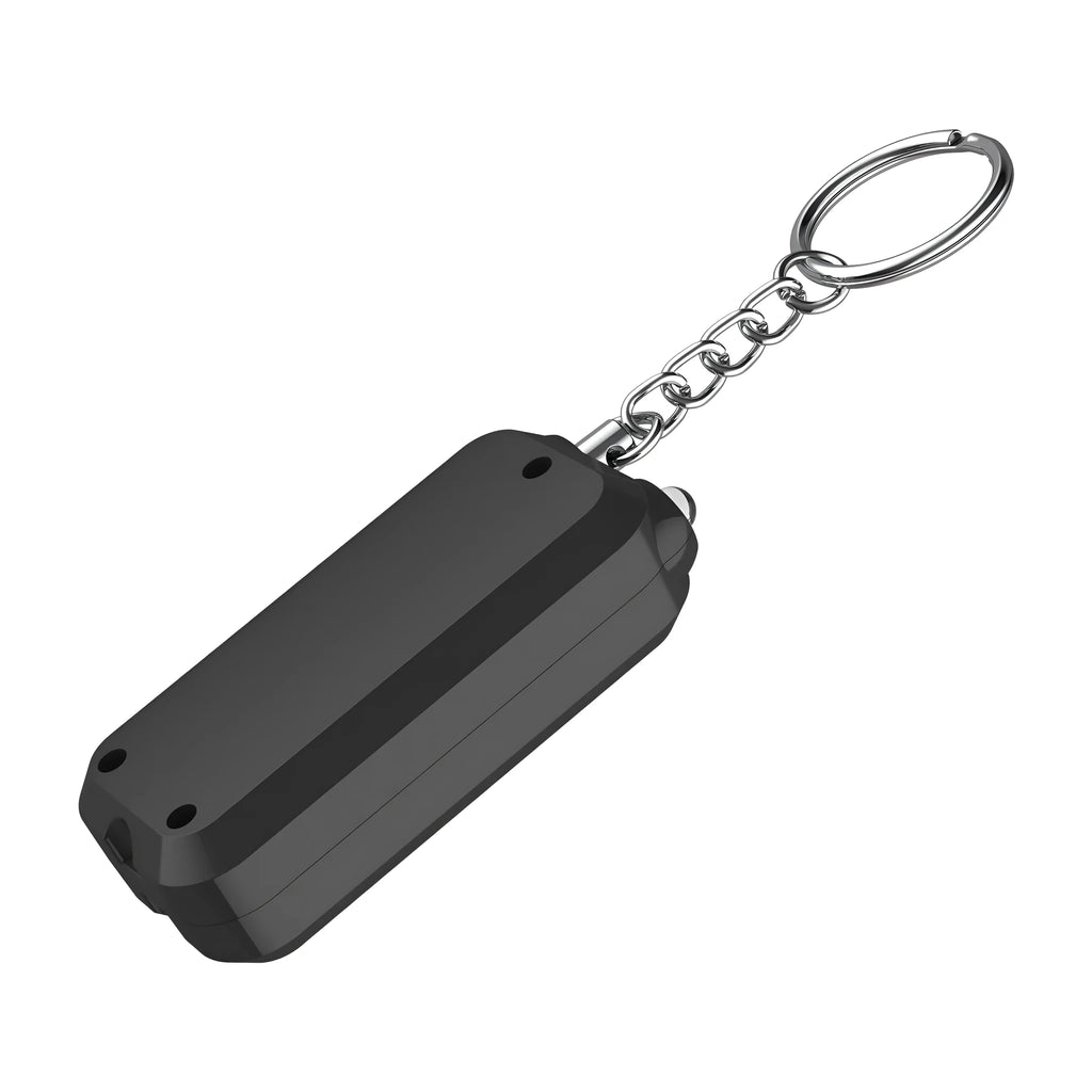 Pink personal safety alarm keychain with button, shown next to its white product box.