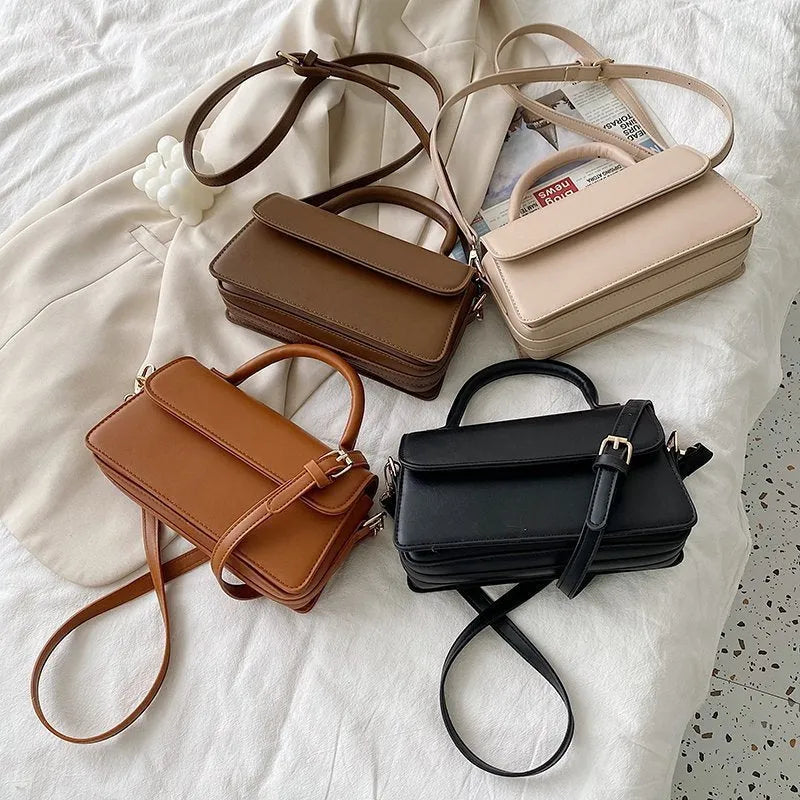 Retro textured solid colour PU shoulder bag in horizontal square shape with sewing thread detail