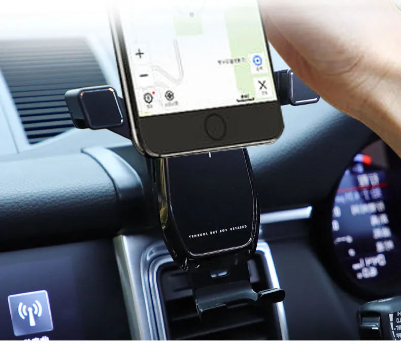 Wireless charging navigation car phone stand gravity linkage holder in black for Porsche alloy carbon fibre ABS