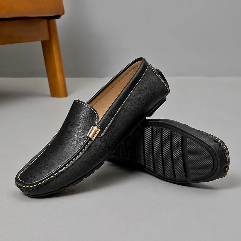 Men's leather driving shoes in black, white, or orange with flat wedge heel, round toe, and sewn rubber sole, sizes 38 to 47