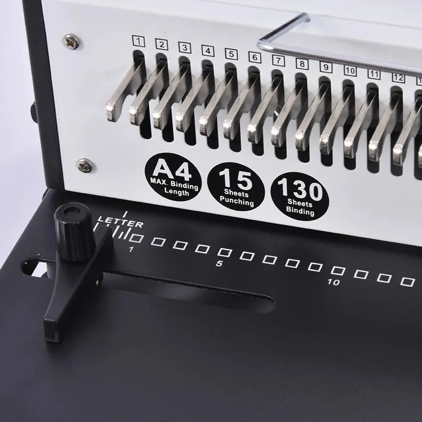 34 hole iron ring binding machine in black with two solid handles for A4 paper and 3:1 pitch double iron ring binding
