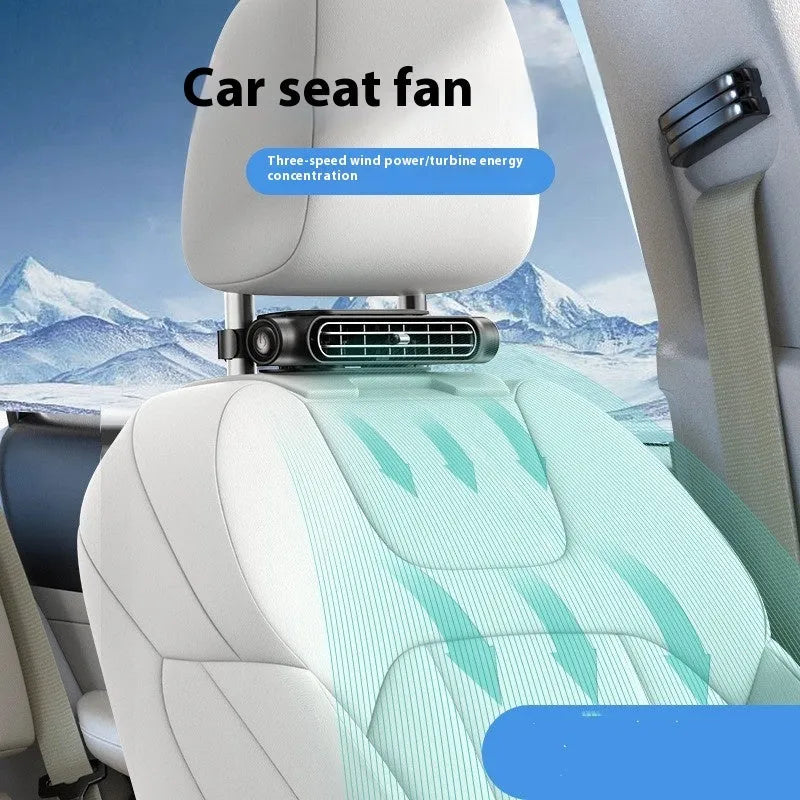 A compact, bladeless USB car fan with a Velcro strip, shown in beige, mounted on a car dashboard.