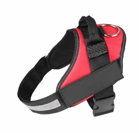 Adjustable dog harness with mesh padded vest in assorted colours, showing reflective strips and D-ring leash attachment.