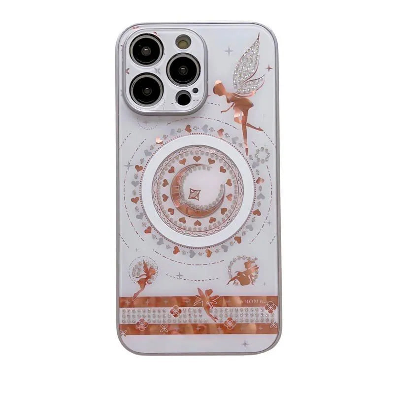 Butterfly fairy diamond magnetic phone case with rhinestone bow, TPU PC shell, pink white or rose gold