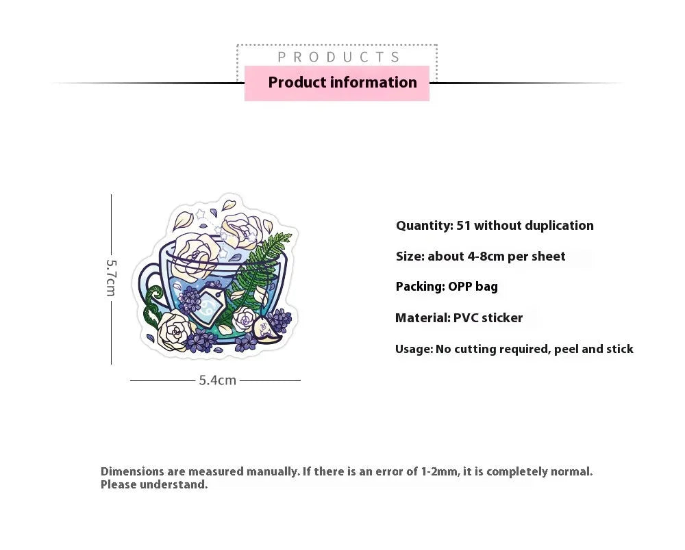A sheet of colourful tea cup graffiti design waterproof vinyl stickers for DIY personalisation.