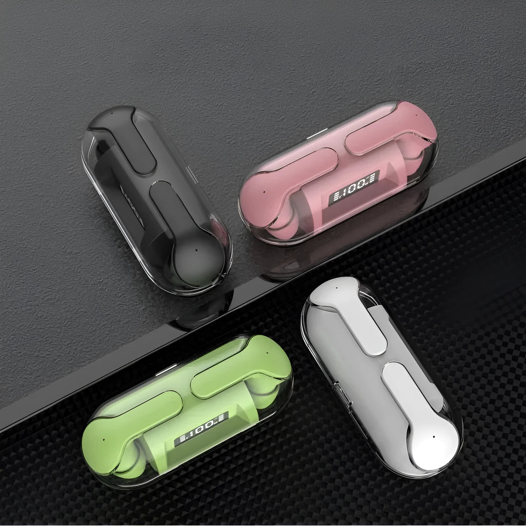 Air13 Pro fully transparent Bluetooth earphones with charging case in four colours: black, light green, pink, white