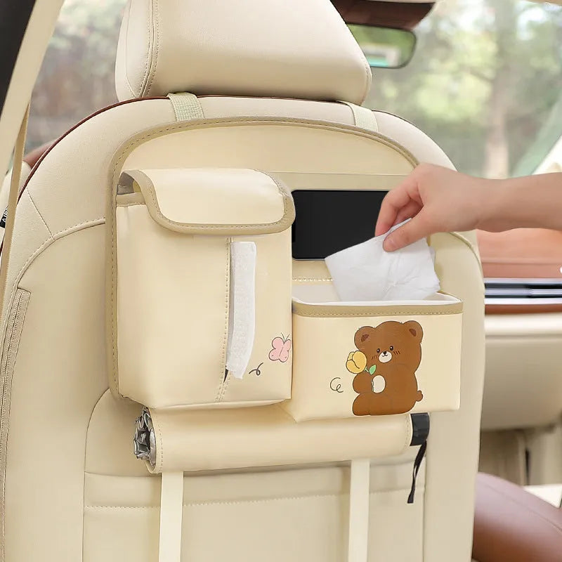 Multifunctional car storage bag in waterproof leather with cute cartoon design in happy every day brown colour
