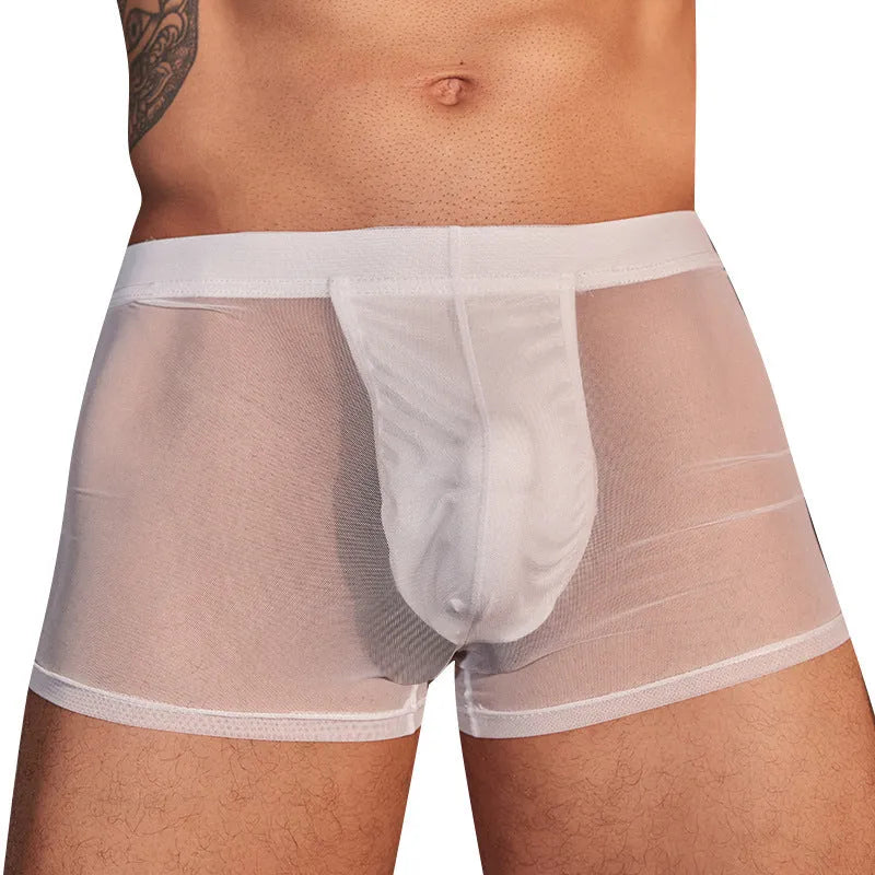 Man's black ultra-thin nylon boxer briefs laid flat on a white background.