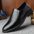 Men's black business casual slip-on shoes with leather upper and rubber sole