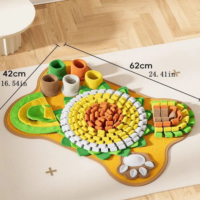 Sunflower design snuffle mat for dogs with hiding pockets and paw-shaped detail on a non-slip base