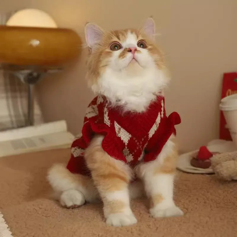 Red pet sweater with cherry diamond embroidery for dogs and cats in multiple sizes