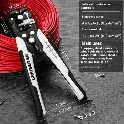 Fully automatic wire stripping pliers tool with high carbon steel blades on a workbench.