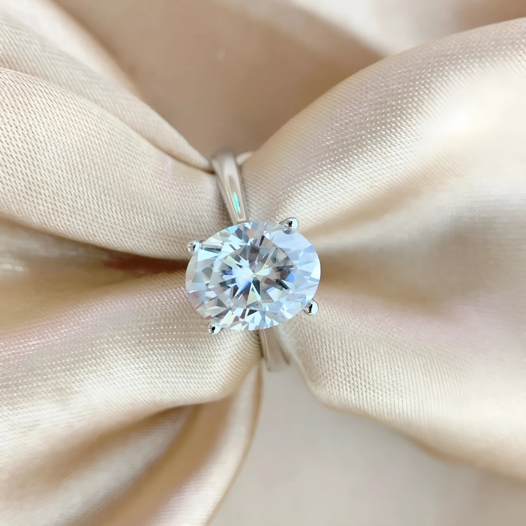 Oval moissanite ring in four-claw setting, D colour, electroplated band, sizes 5 to 9