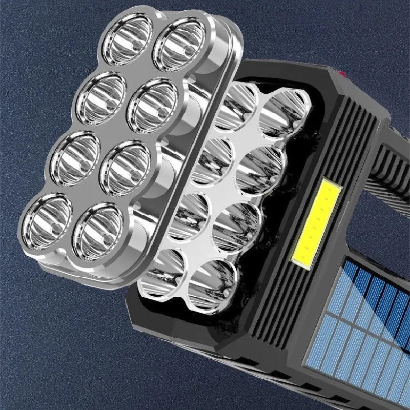 Solar rechargeable USB LED flashlight aluminium alloy 8 heads side light COB life-grade waterproof