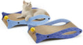 Blue fish-shaped cardboard cat scratcher with bell balls on an elastic cord