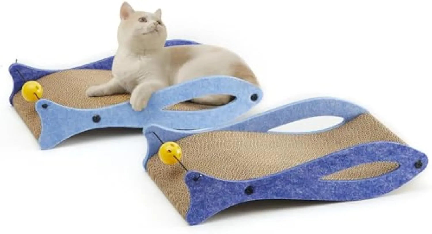 Blue fish-shaped cardboard cat scratcher with bell balls on an elastic cord