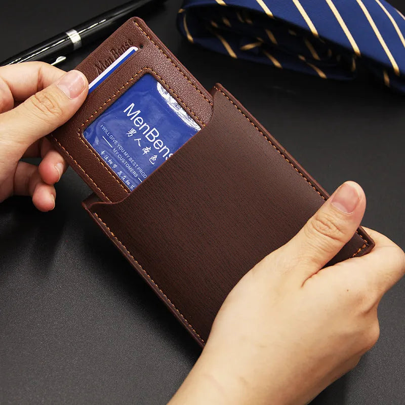 Men's iron-edge card-picking wallet in PU leather showing compact 12cm design with card organisation features