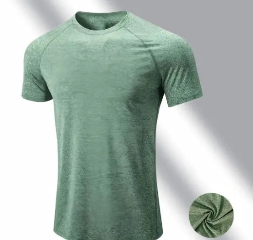Men's black quick-dry stretch short sleeve running t-shirt on a hanger.