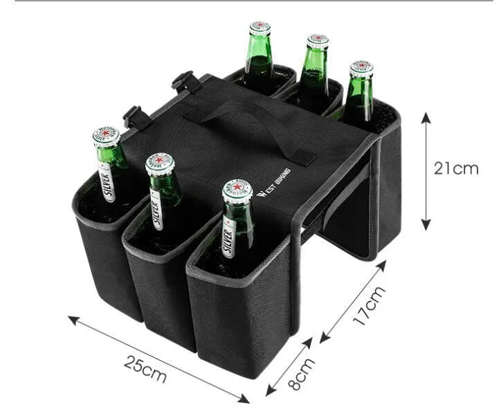 Black and blue orange double-sided bicycle handlebar drink storage bag mounted on bike.