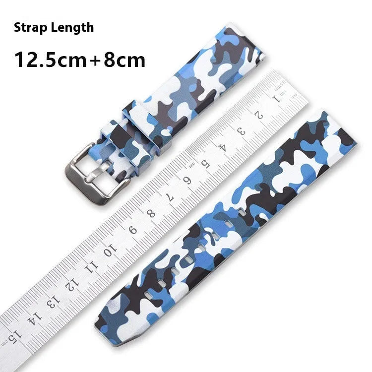 Green camouflage silicone watch strap showing flat head design and 20mm width.