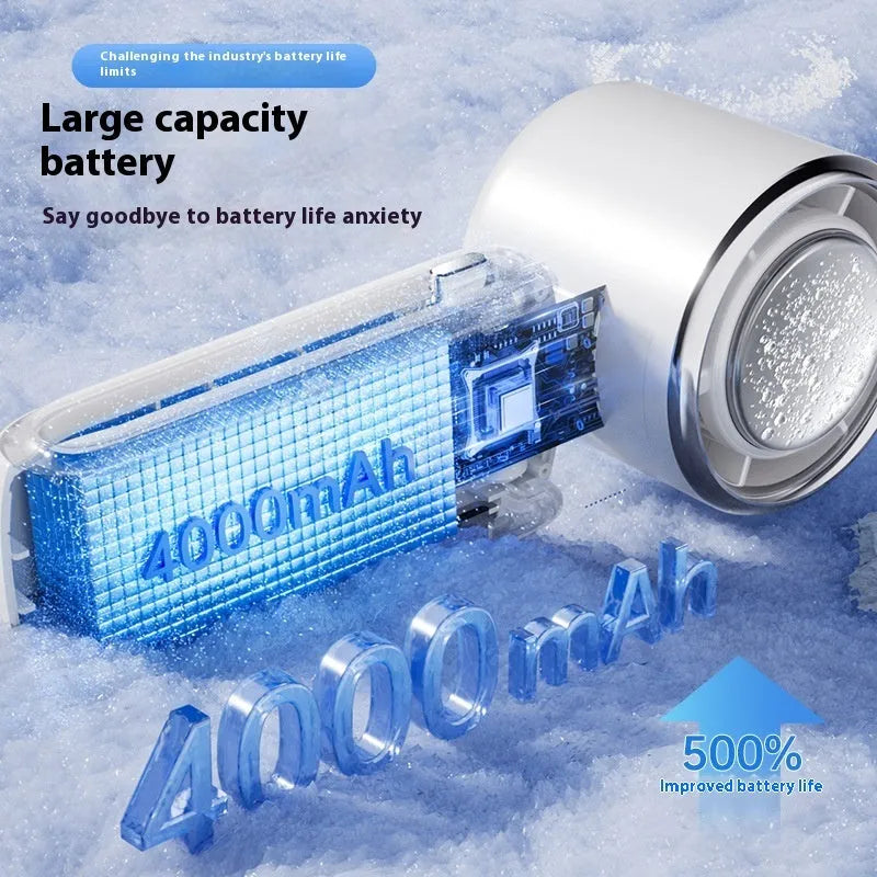Blue folding neck fan with USB port and adjustable speed buttons, shown both worn and handheld