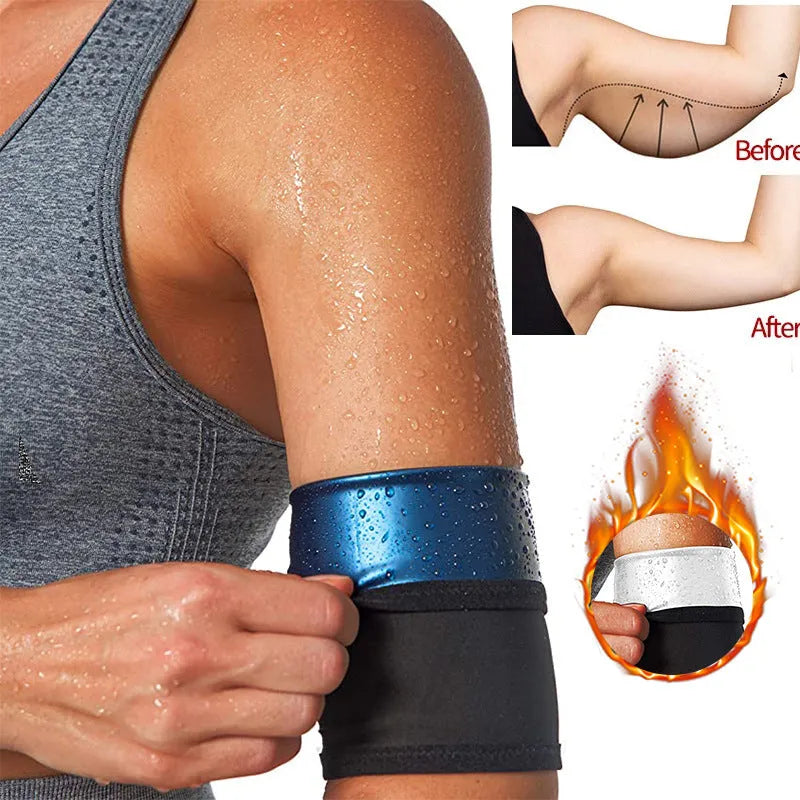 Blue adjustable elastic arm sweatband with absorbent inner layer, shown with included binding strap.