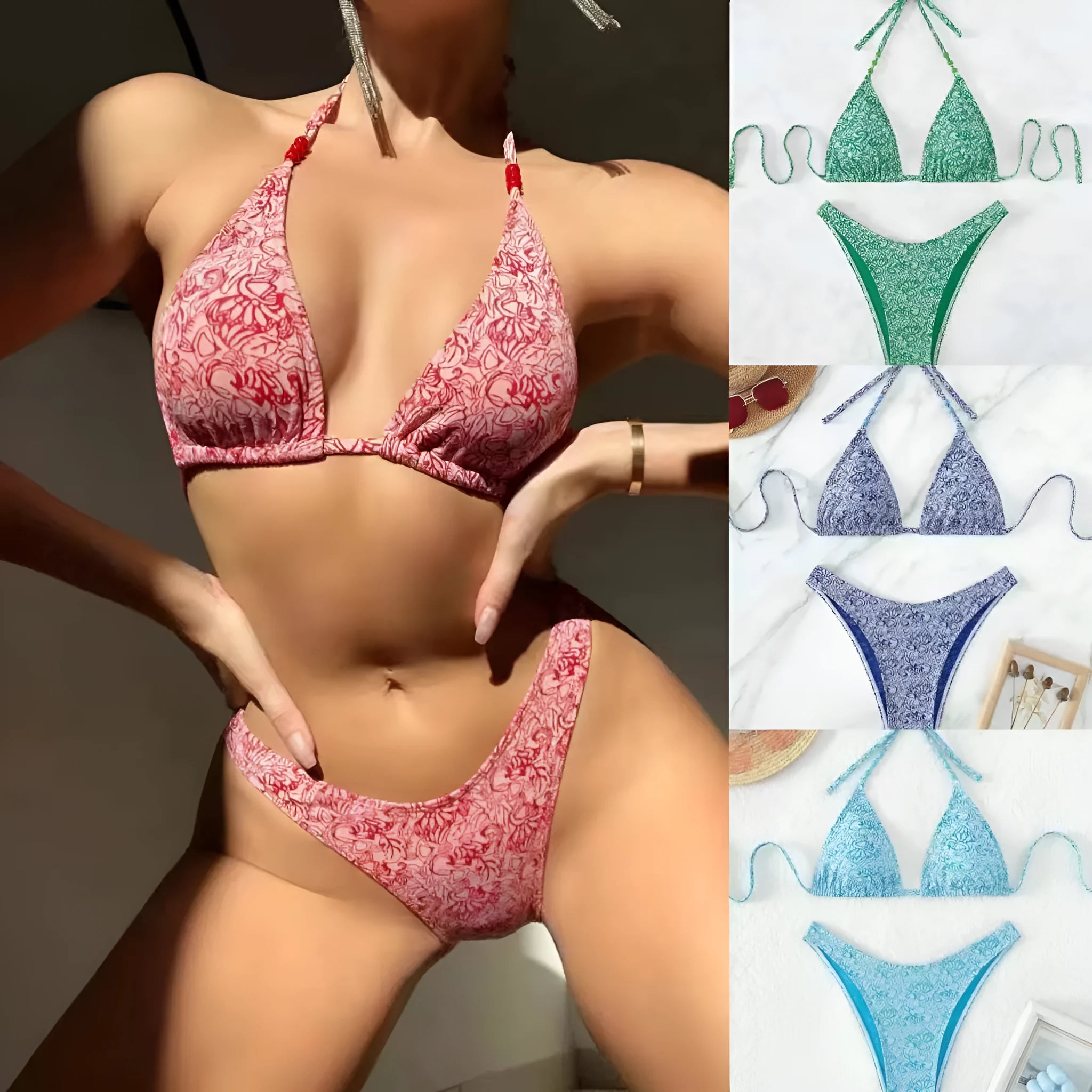 Women's flower pattern halter bikini top and shorts set in emerald green.