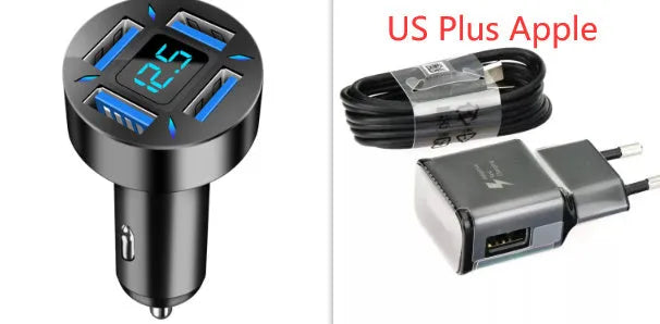 Four-port USB car charger with LED digital voltage display showing 12V.