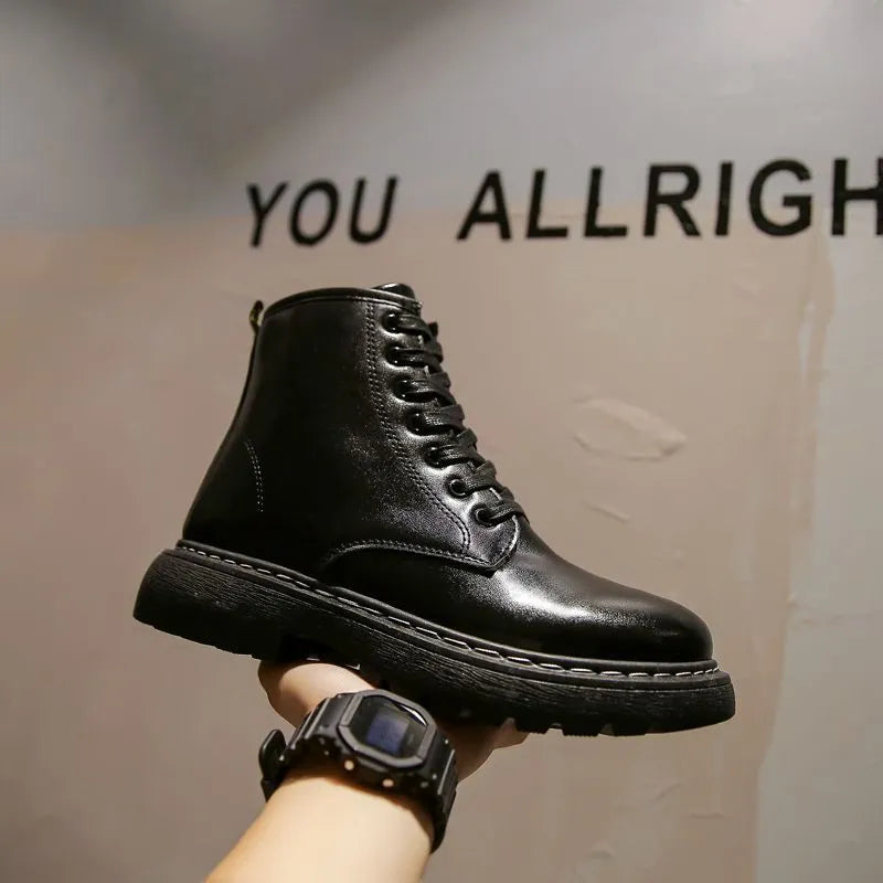 Men's black high-top platform boots with a side zipper and fly weave pattern on cowhide leather.