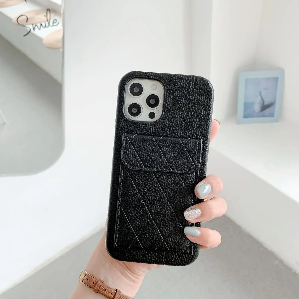 Imitation leather mobile phone case with card slot for iPhone, shown in khaki colour.