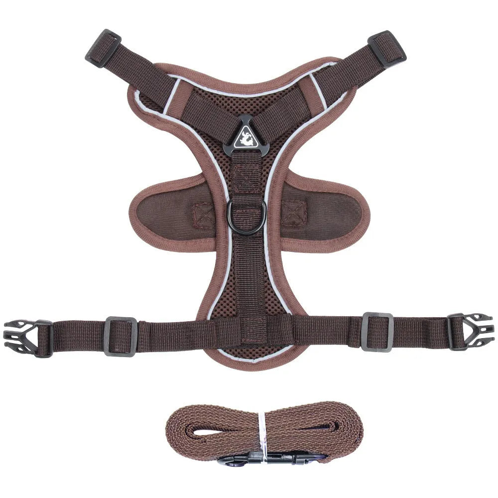 Blue adjustable mesh cat chest harness with leash and reflective strips