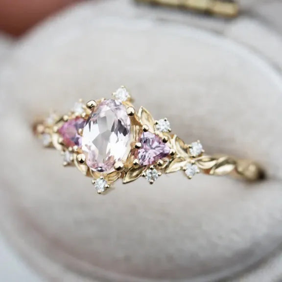 Women's alloy flower ring with inlaid zircon in gold pink diamond colour on white background