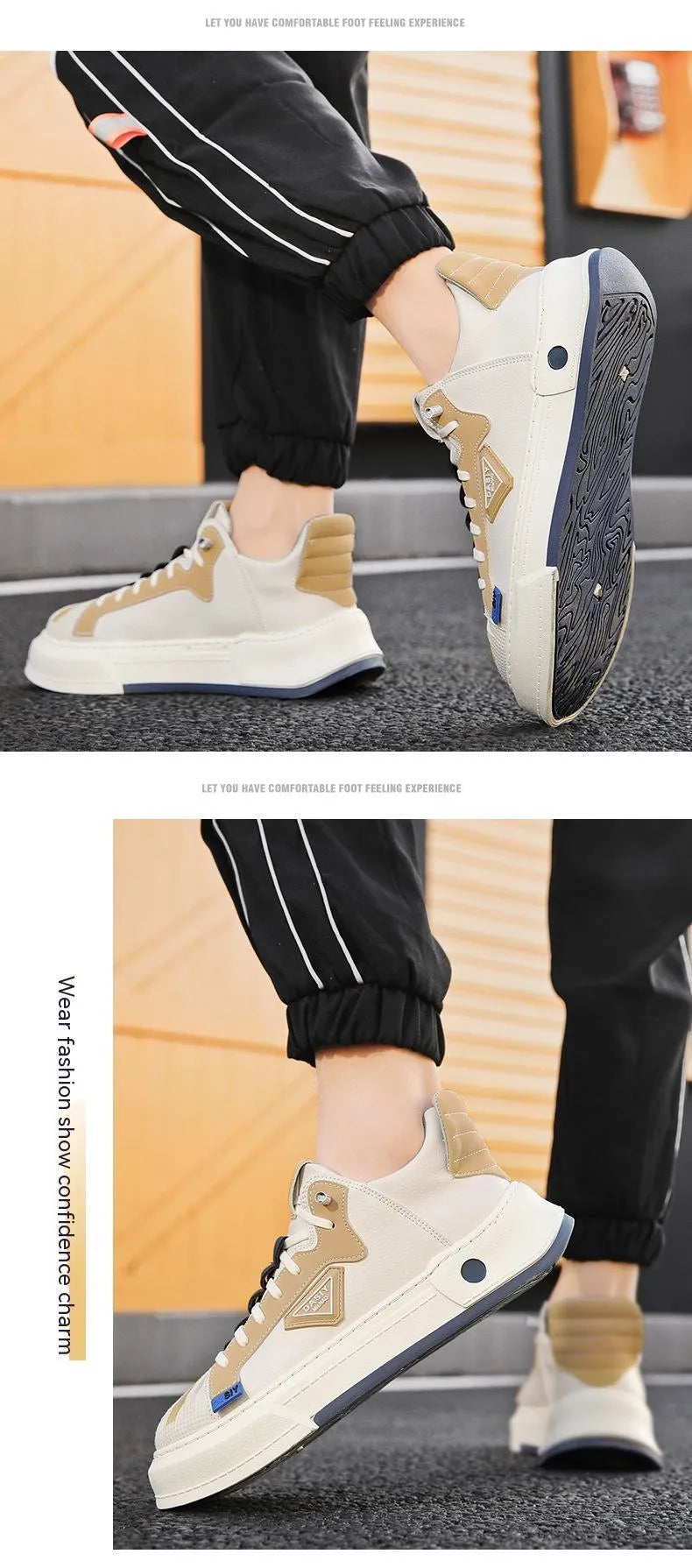 Men's beige low-top sneakers with elastic band and microfiber upper on a white background