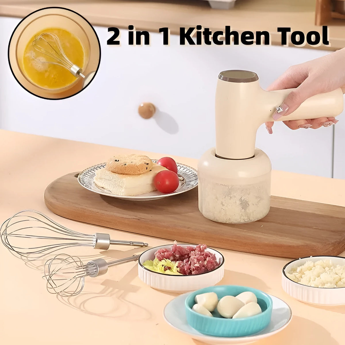 2 in 1 handheld electric garlic chopper with 304 blade, 250ml cup, USB Type-C rechargeable, khaki or beige
