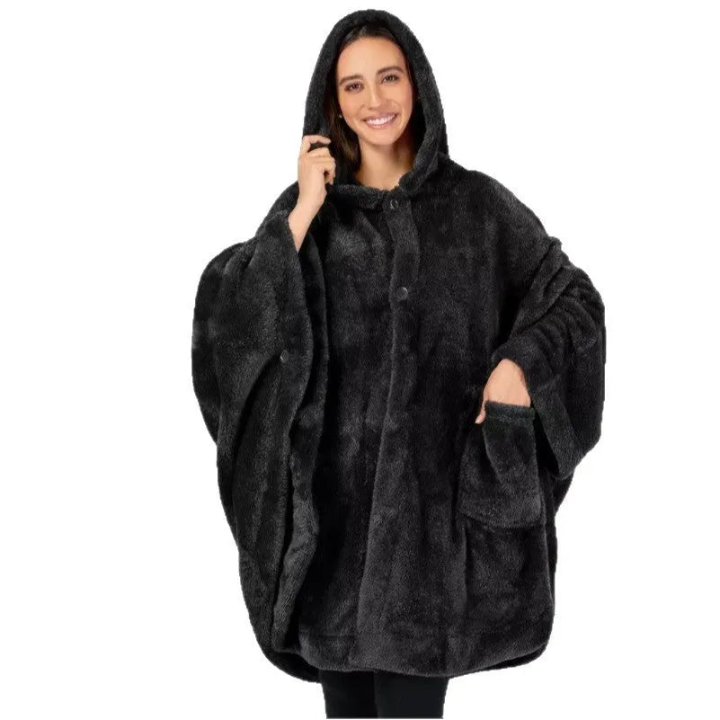 Thick hooded polyester bathrobe in black, shown in a long sleeve cardigan style.