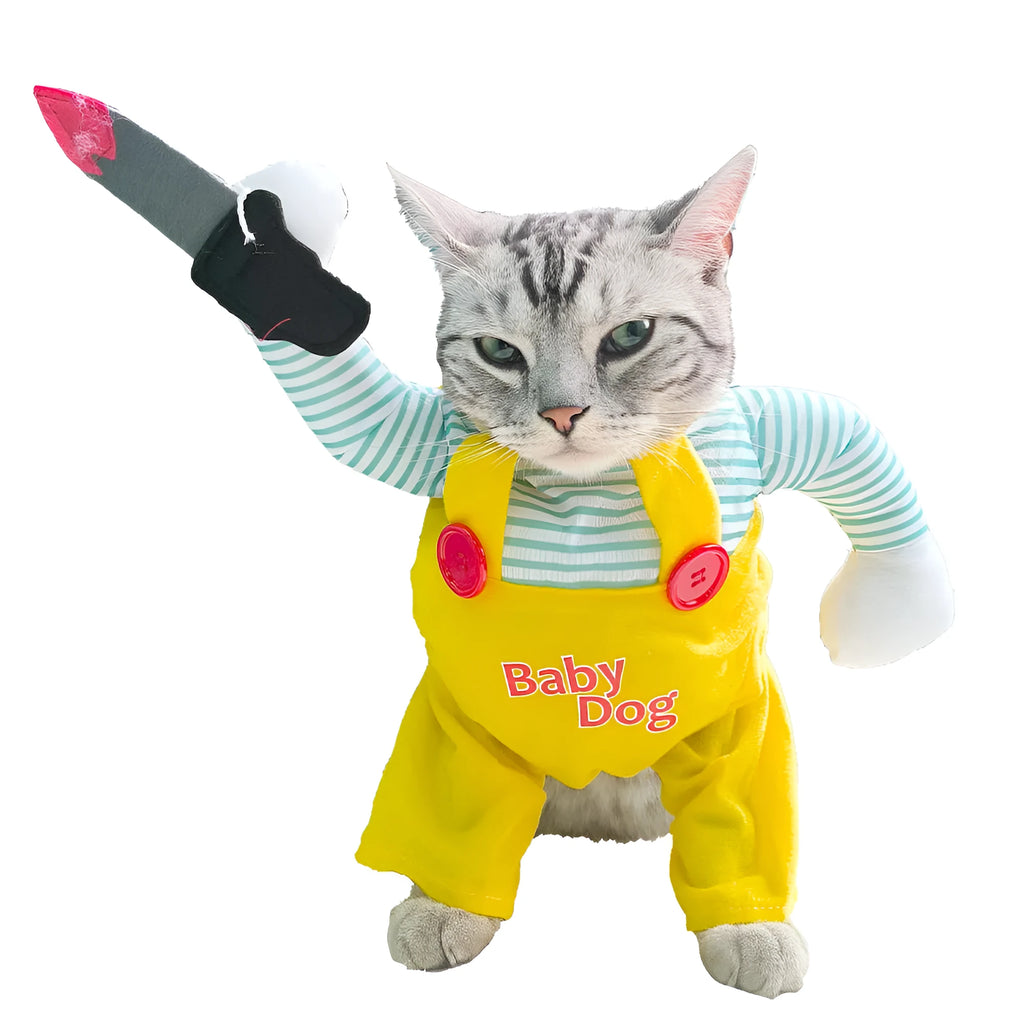 Yellow knife assassin cat costume in polyester with B02405 yellow sword colour design