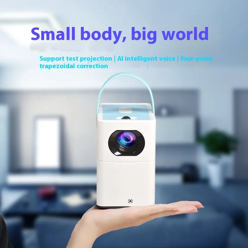 Smart HD home projector with remote control on a wooden table