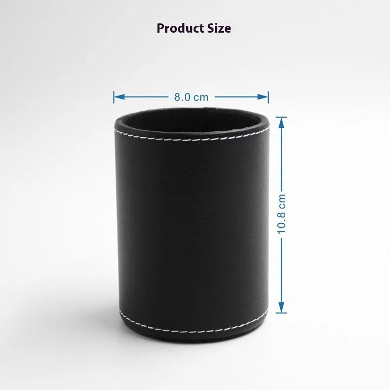 Small black leather round pen holder with 8cm diameter and 10.8cm height dimensions