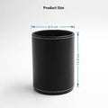 Small black leather round pen holder with 8cm diameter and 10.8cm height dimensions