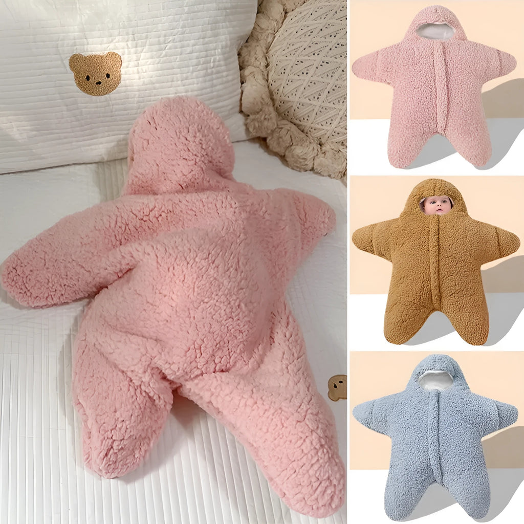 Starfish lamb velvet pattern baby sleeping bag with hood and zipper for newborns