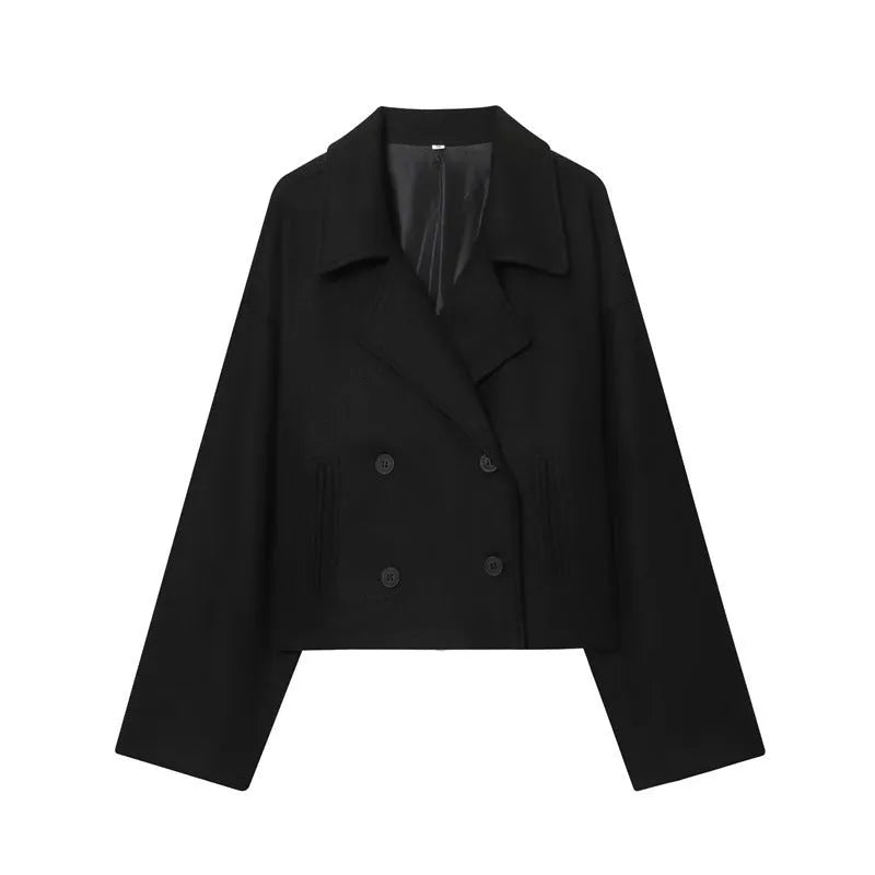 Double breasted short woolen coat for women in apricot with front pocket and regular sleeves
