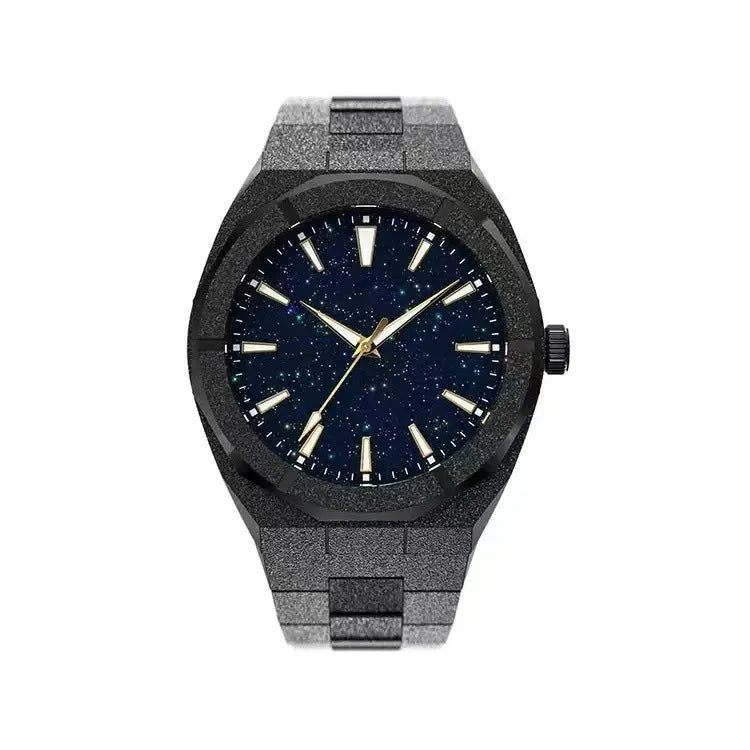 Men's stainless steel business watch with frosted case and luminous markers in silver, gold, or black