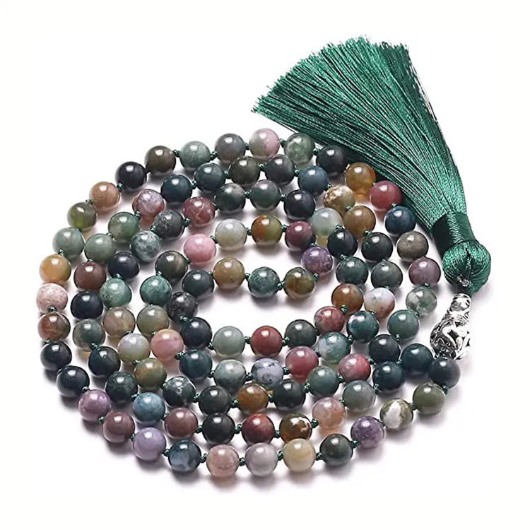 Geometric agate tassel necklace with colourful stone beads on adjustable 95-100cm chain