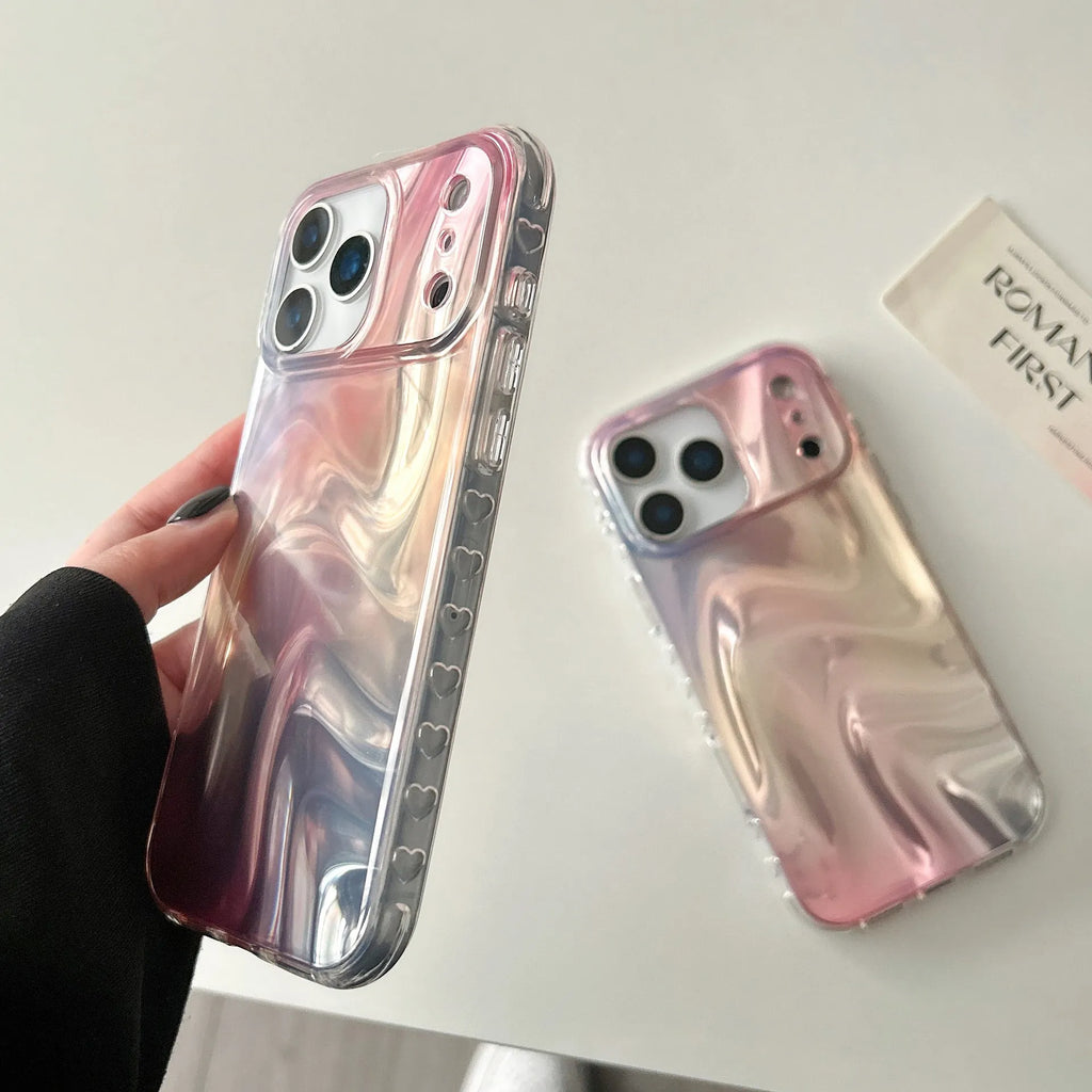 Double shell iPhone case in IMD silver pink satin pattern with water ripple smudge design