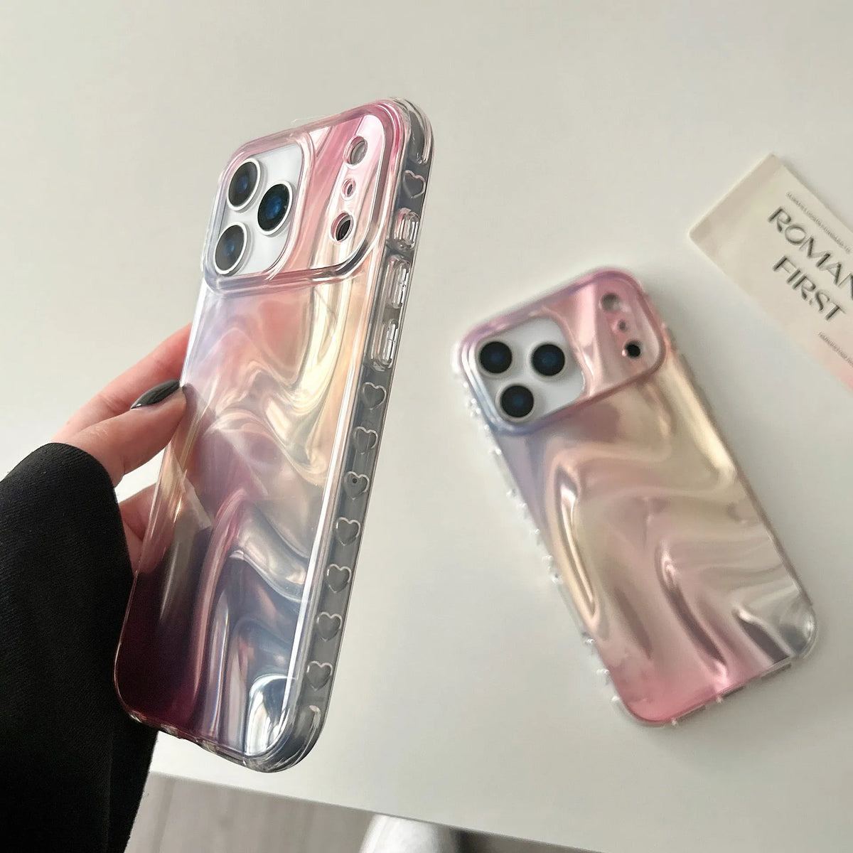 Double shell iPhone case in IMD silver pink satin pattern with water ripple smudge design