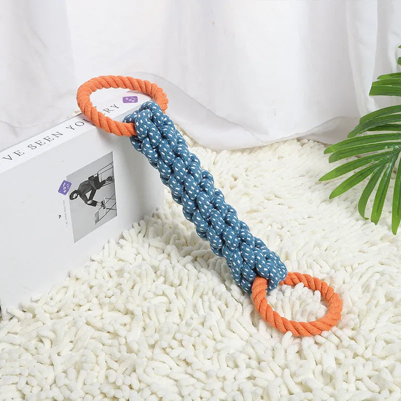 Blue double-ring braided cotton bone shape dog chew and tug toy