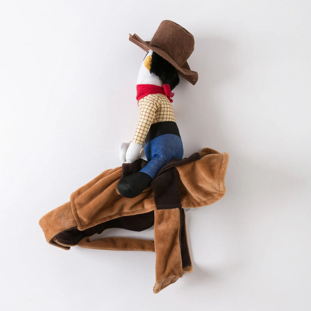 Western denim blue dog costume on a corgi, showing casual style and fit.