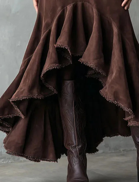 Brown women's maxi skirt with high-low hem and front ruffle detail